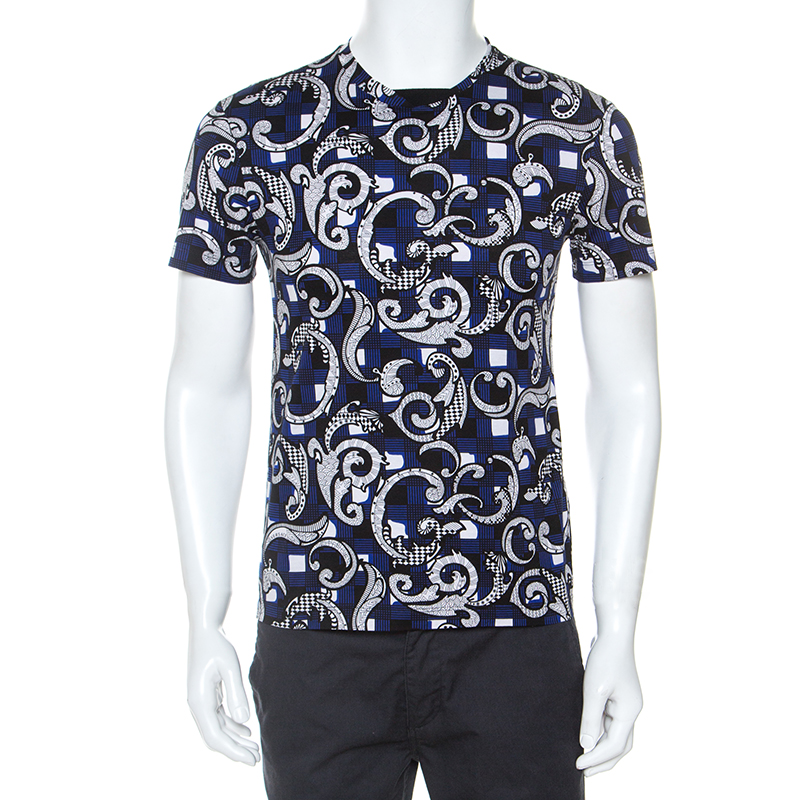 Pre-Owned Versace Blue Baroque Check Print Cotton Short Sleeve T-shirt ...