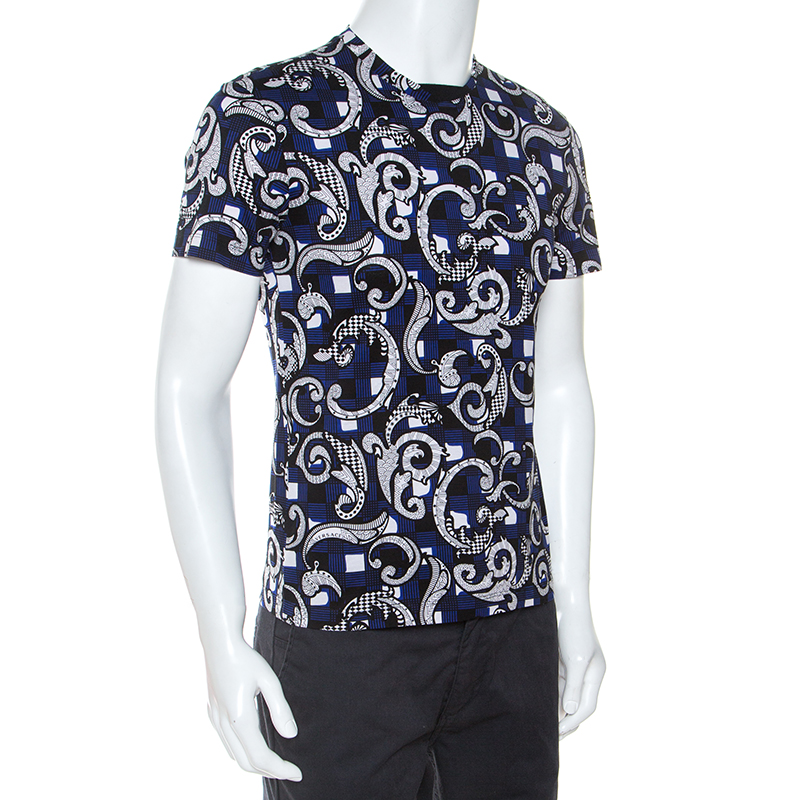 

Versace Blue Baroque Check Print Cotton Short Sleeve T-Shirt