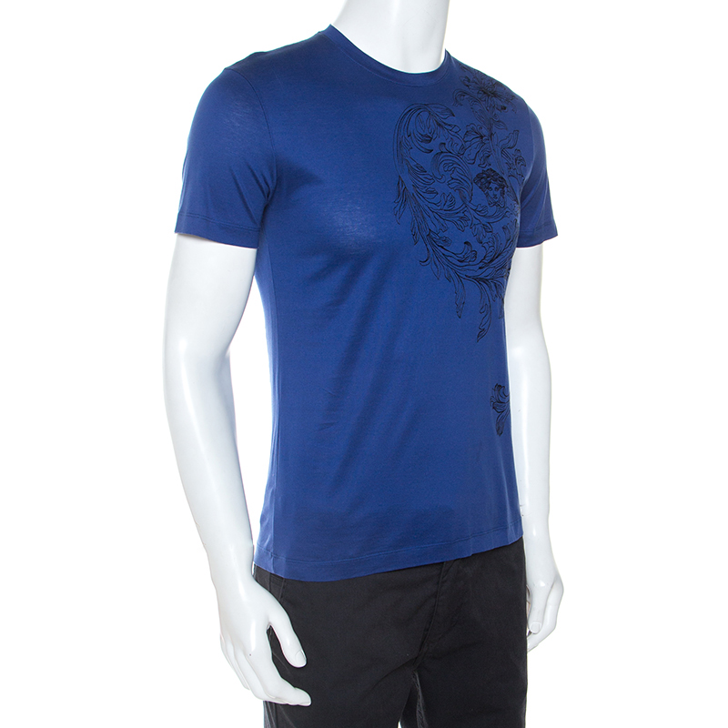 

Versace Blue Medusa Motif Embroidered Cotton Short Sleeve T-Shirt