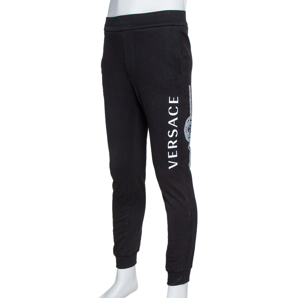 

Versace Black Logo Print Cotton Elasticized Waist Jogger Pants