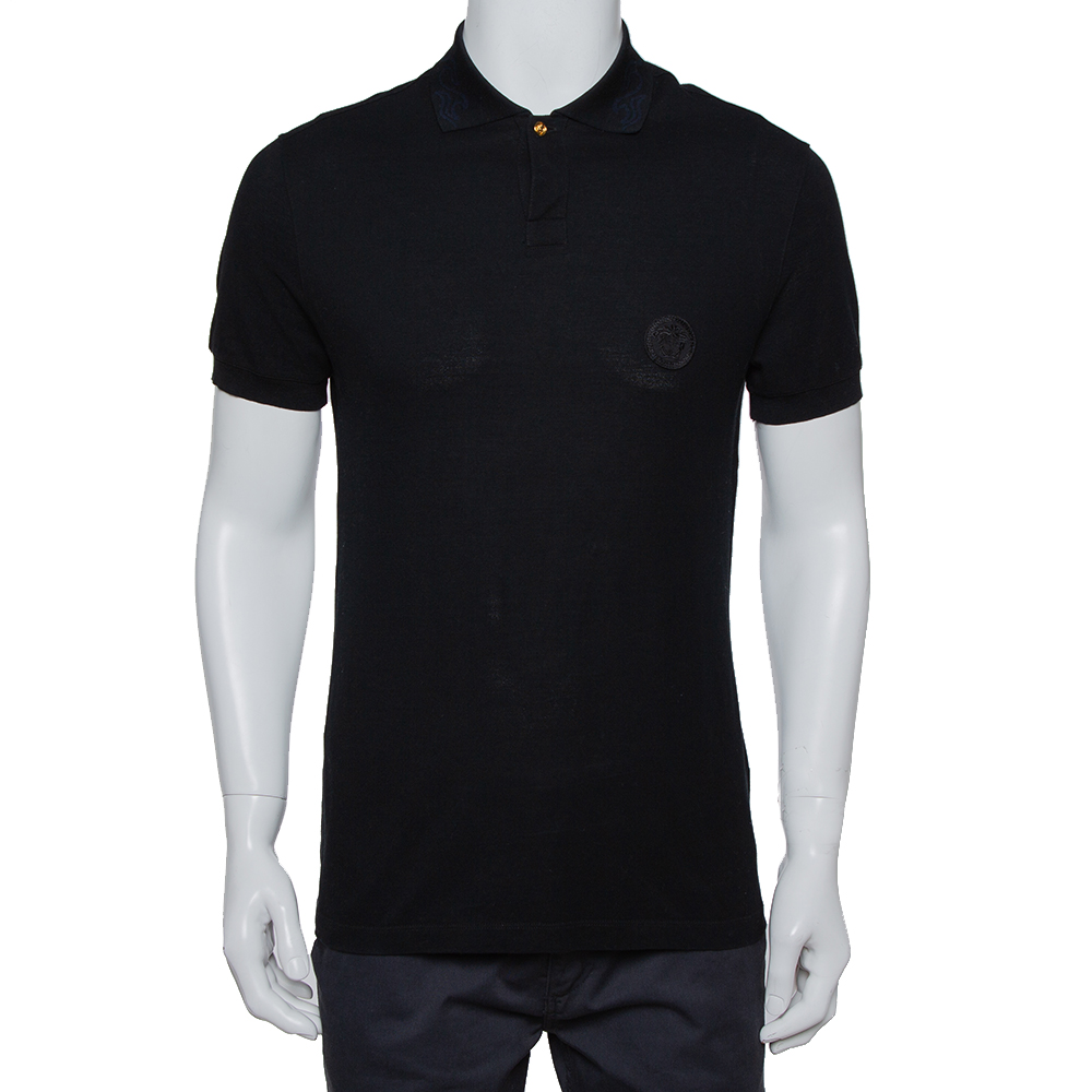 Pre-owned Versace Black Cotton Pique Contrast Collar Detail Polo T-shirt S