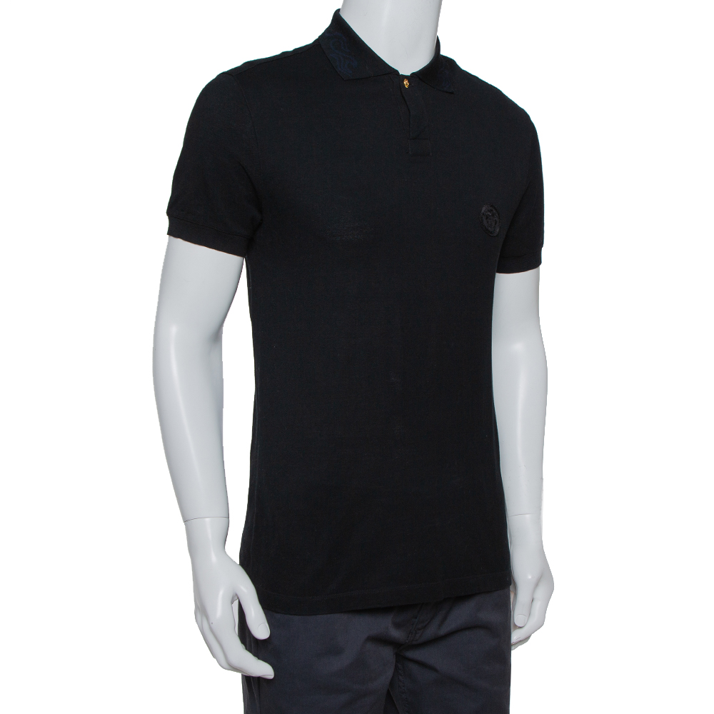 

Versace Black Cotton Pique Contrast Collar Detail Polo T-Shirt