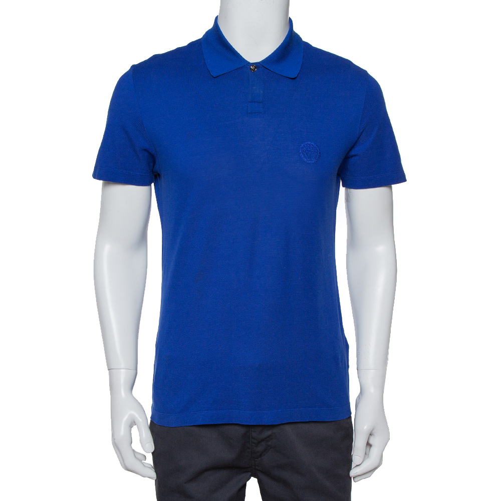 Pre-owned Versace Royal Blue Cotton Pique Button Front T-shirt Xs