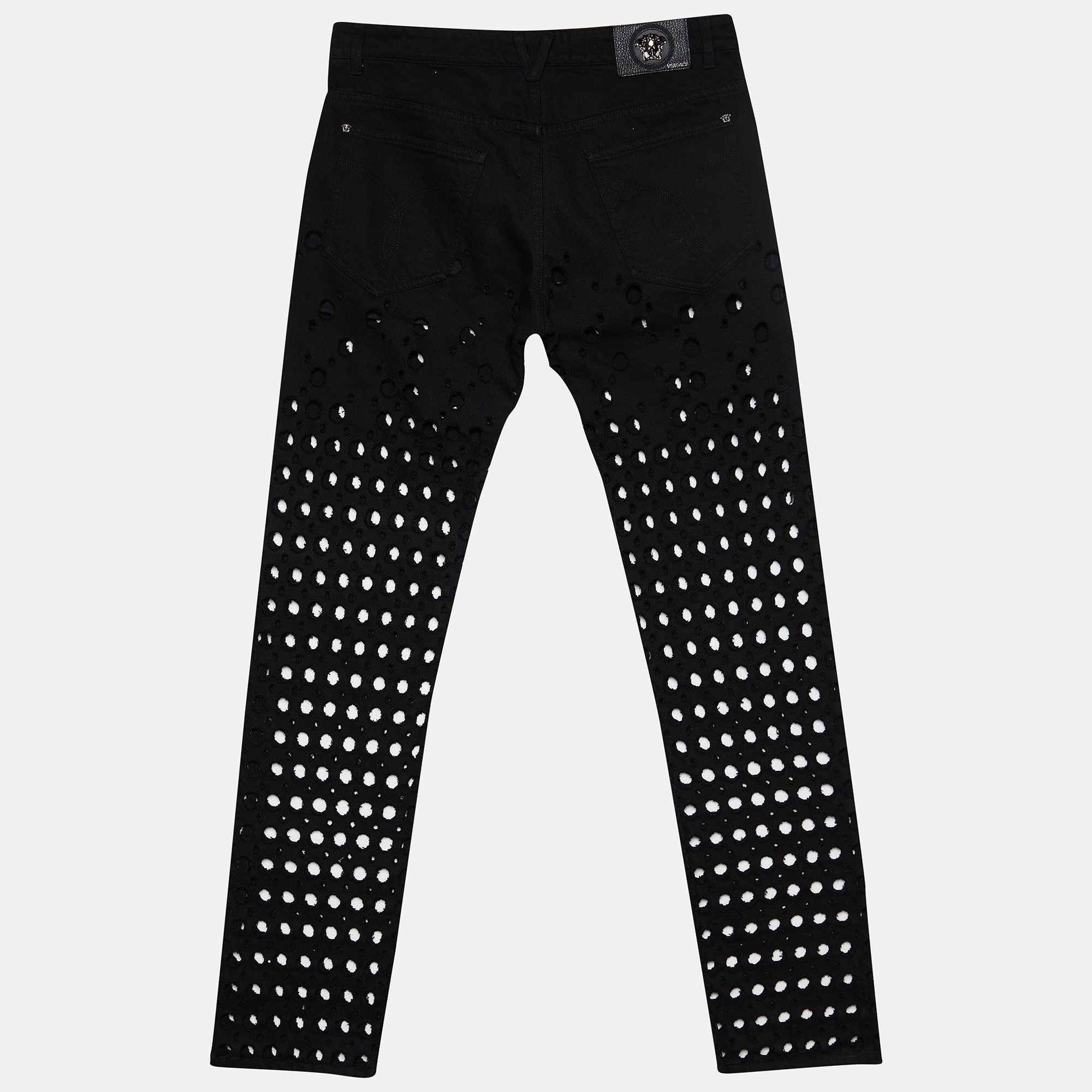 

Versace Black Denim Perforated Straight Fit Jeans  Waist 34.5