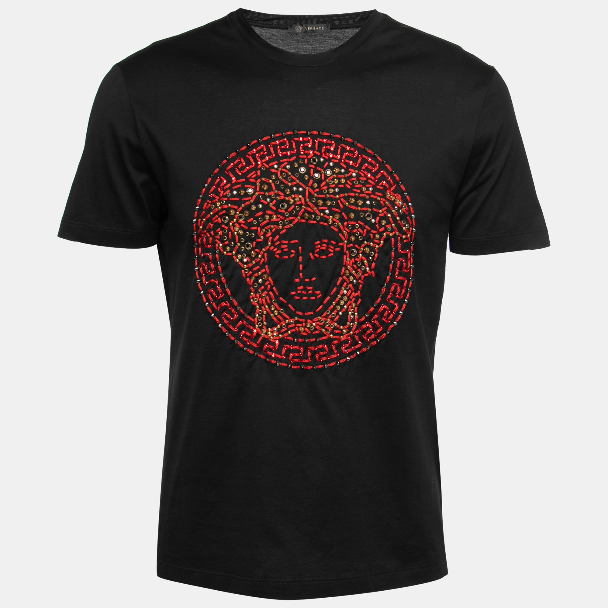 Versace Black Cotton Medusa Embellished Short Sleeve T-Shirt Versace Black Cotton Medusa Embellished Short Sleeve T-Shirt
