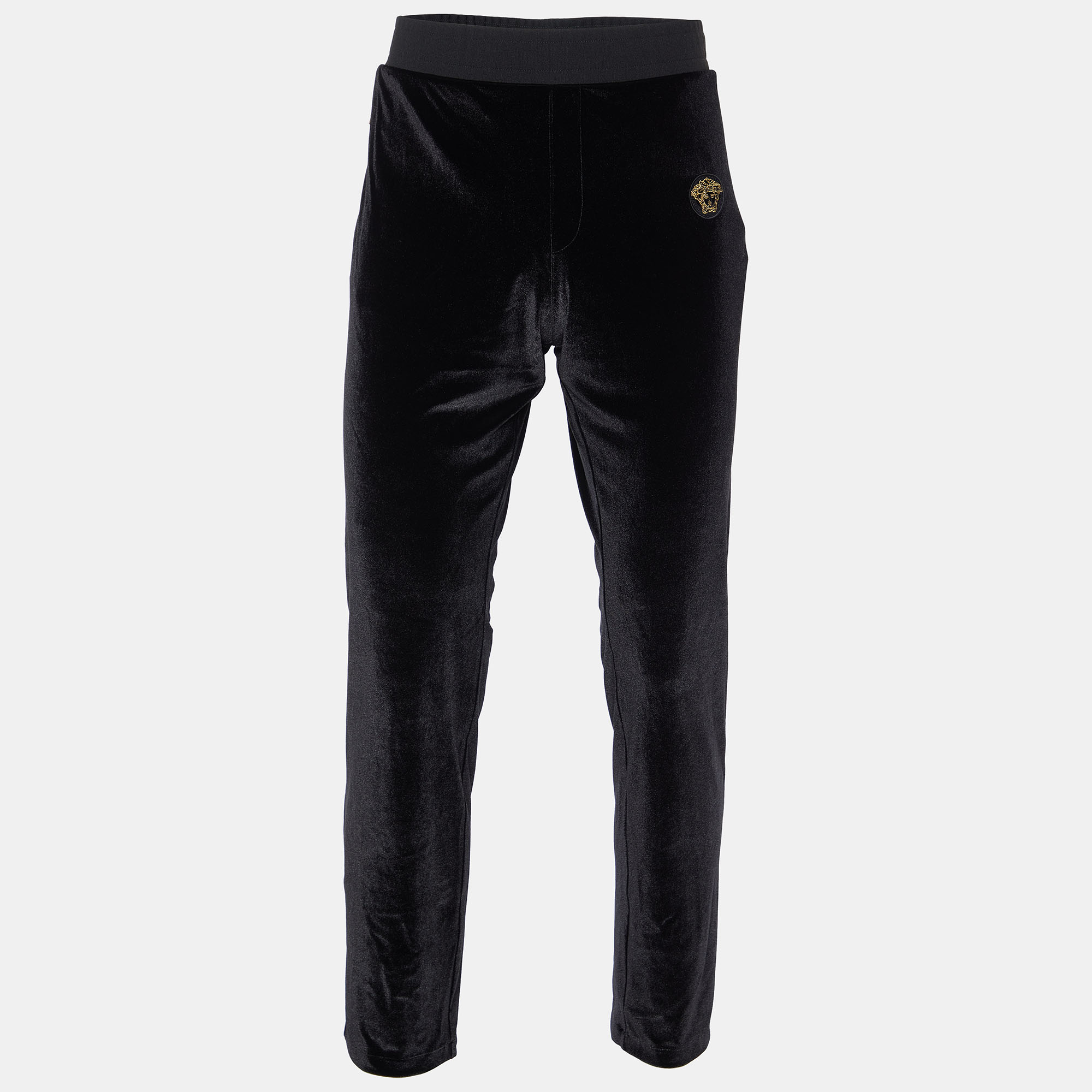 Pre-owned Versace Black Velour Embroidered Medusa Track Trousers L
