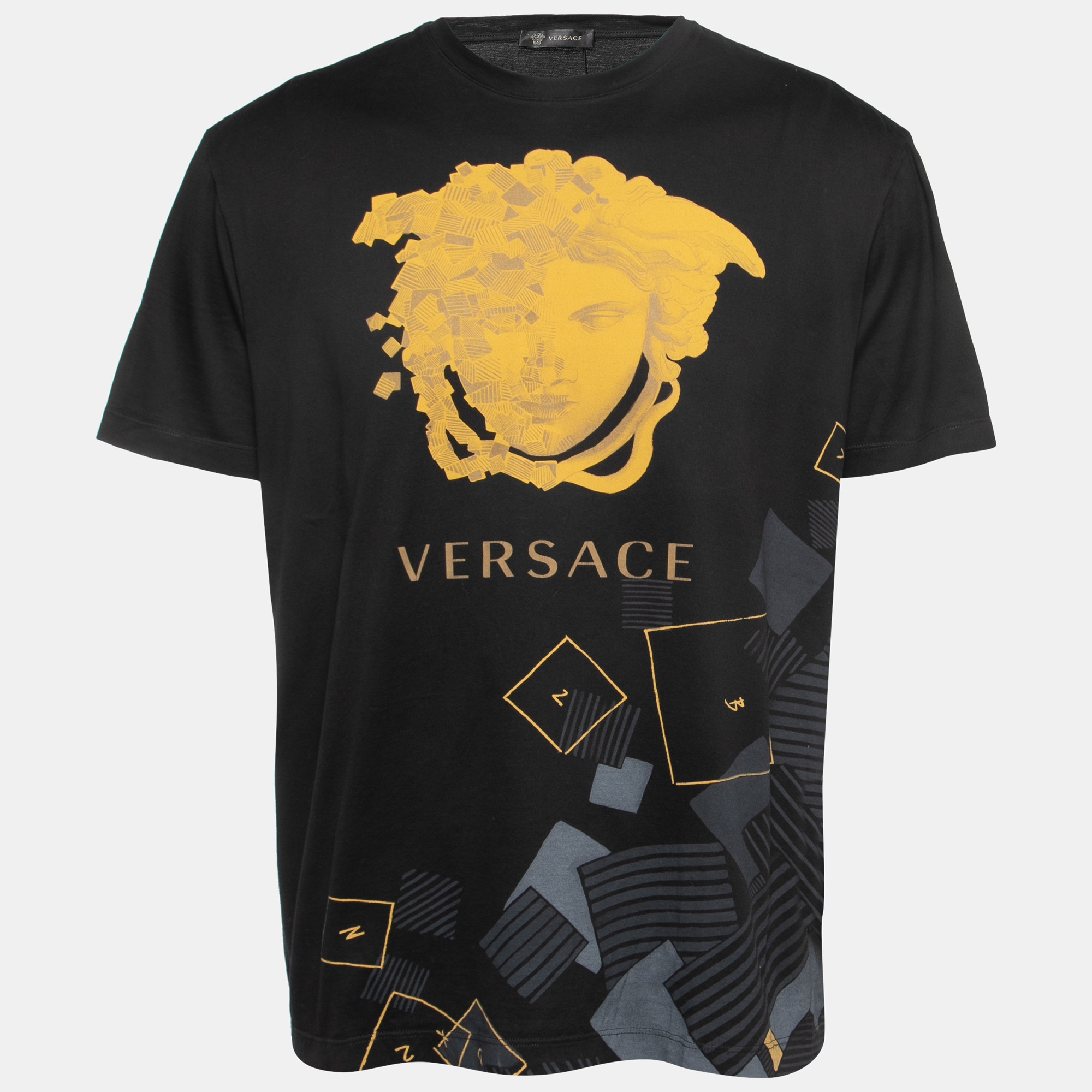 Pre Owned Versace Black Logo Print Cotton Crew Neck Half Sleeve T-Shirt M