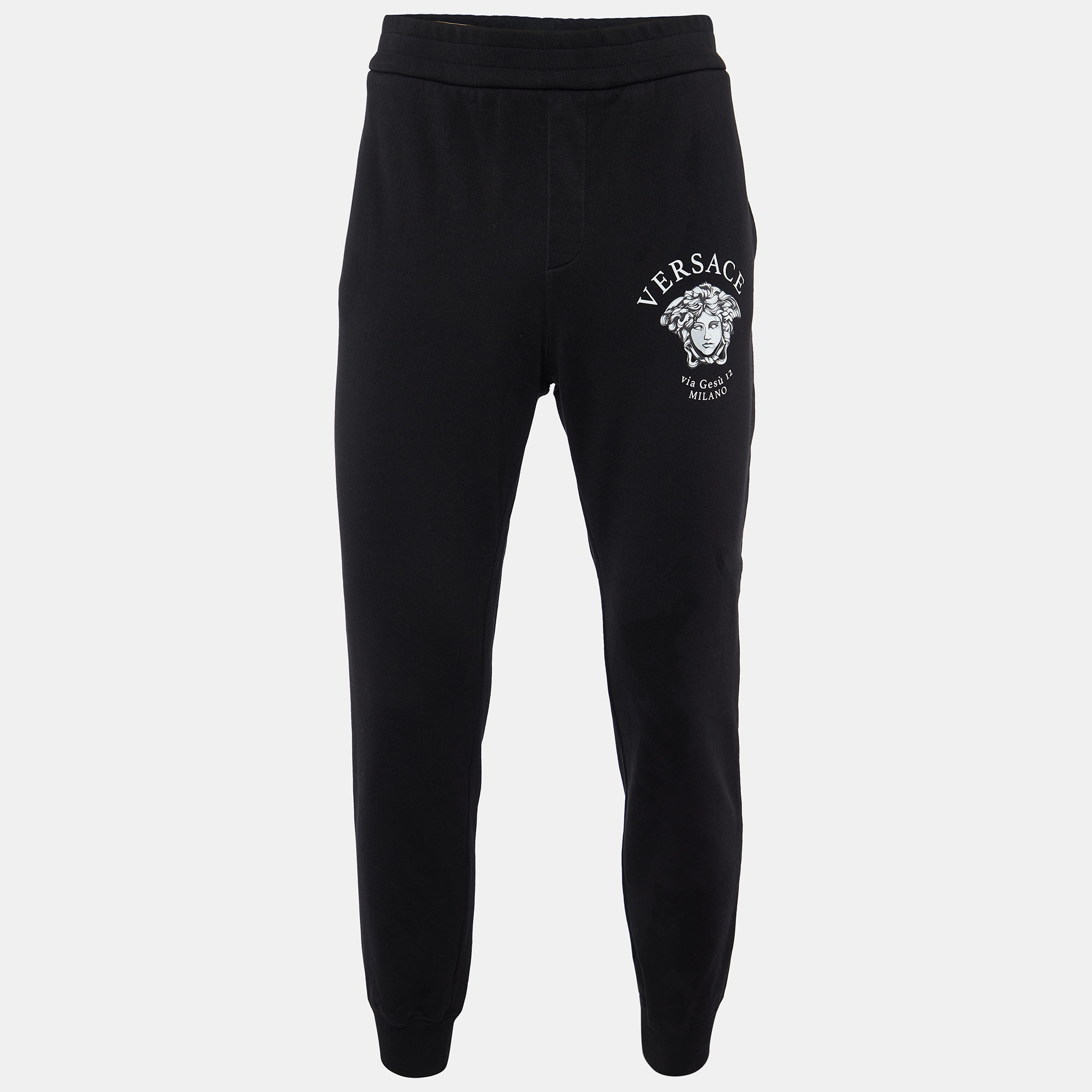 Pre-owned Versace Black Logo Print Cotton Elasticized Waist Jogger Pants Xl
