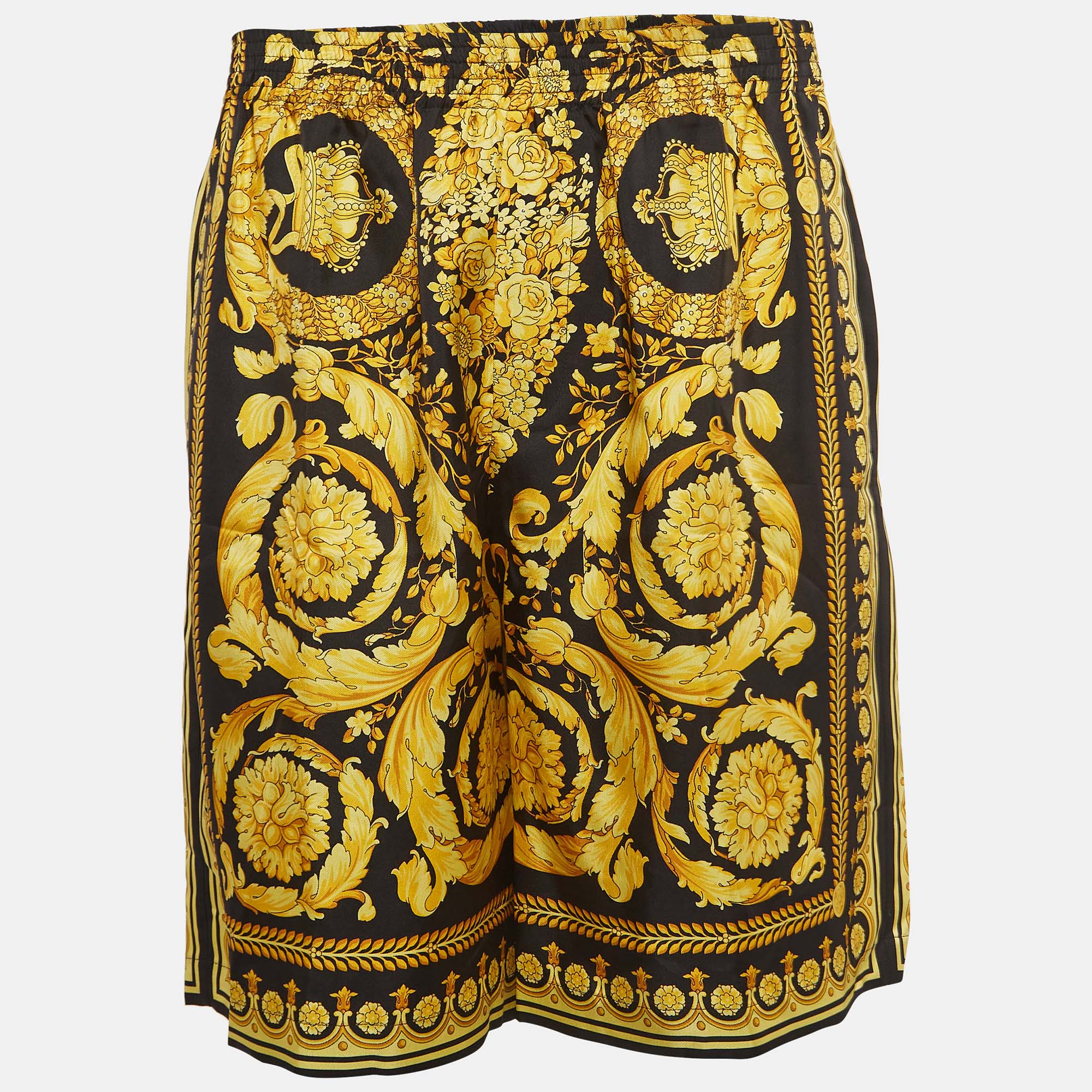 

Versace Yellow/Black Barocco Print Silk College Fit Shorts