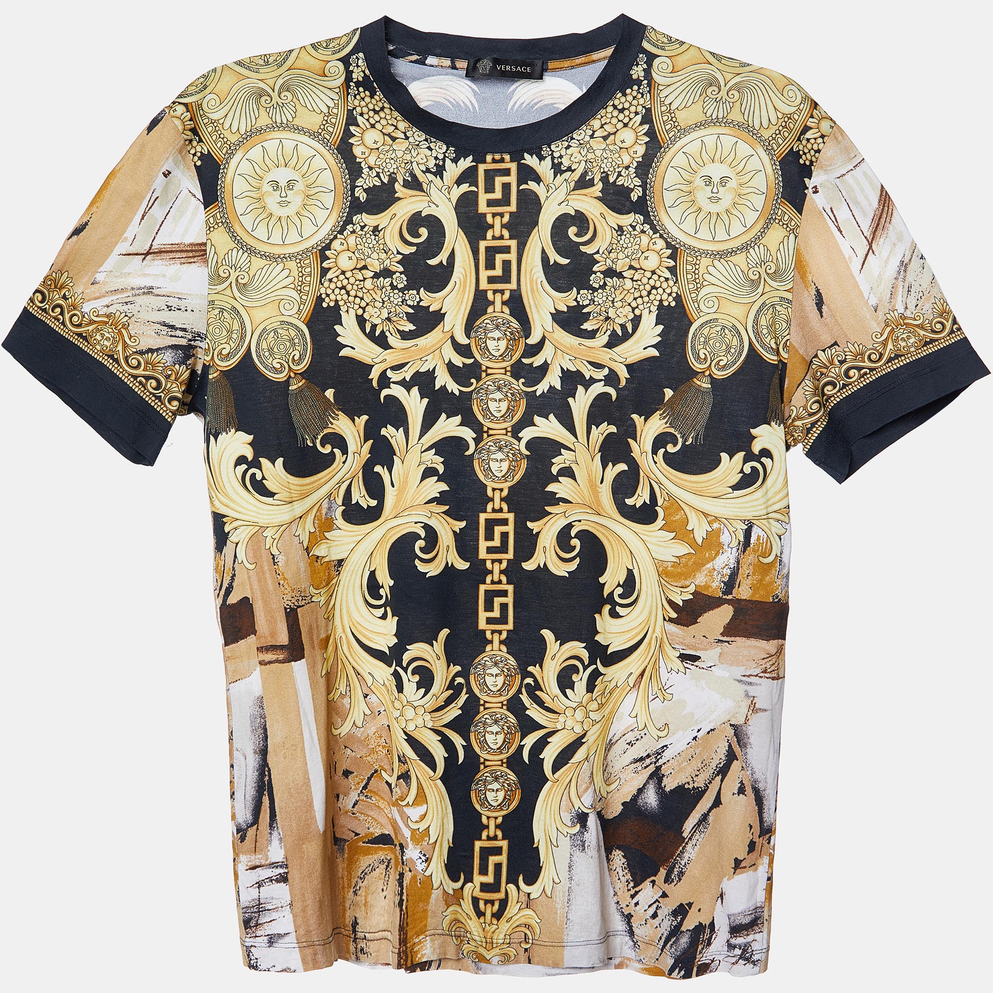 Pre-owned Versace Yellow/black Baroque Print Cotton Crew Neck T-shirt M