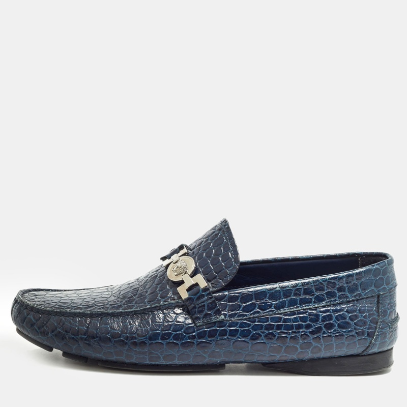 

Versace Navy Blue Embossed Croc Medusa Buckle Loafers Size