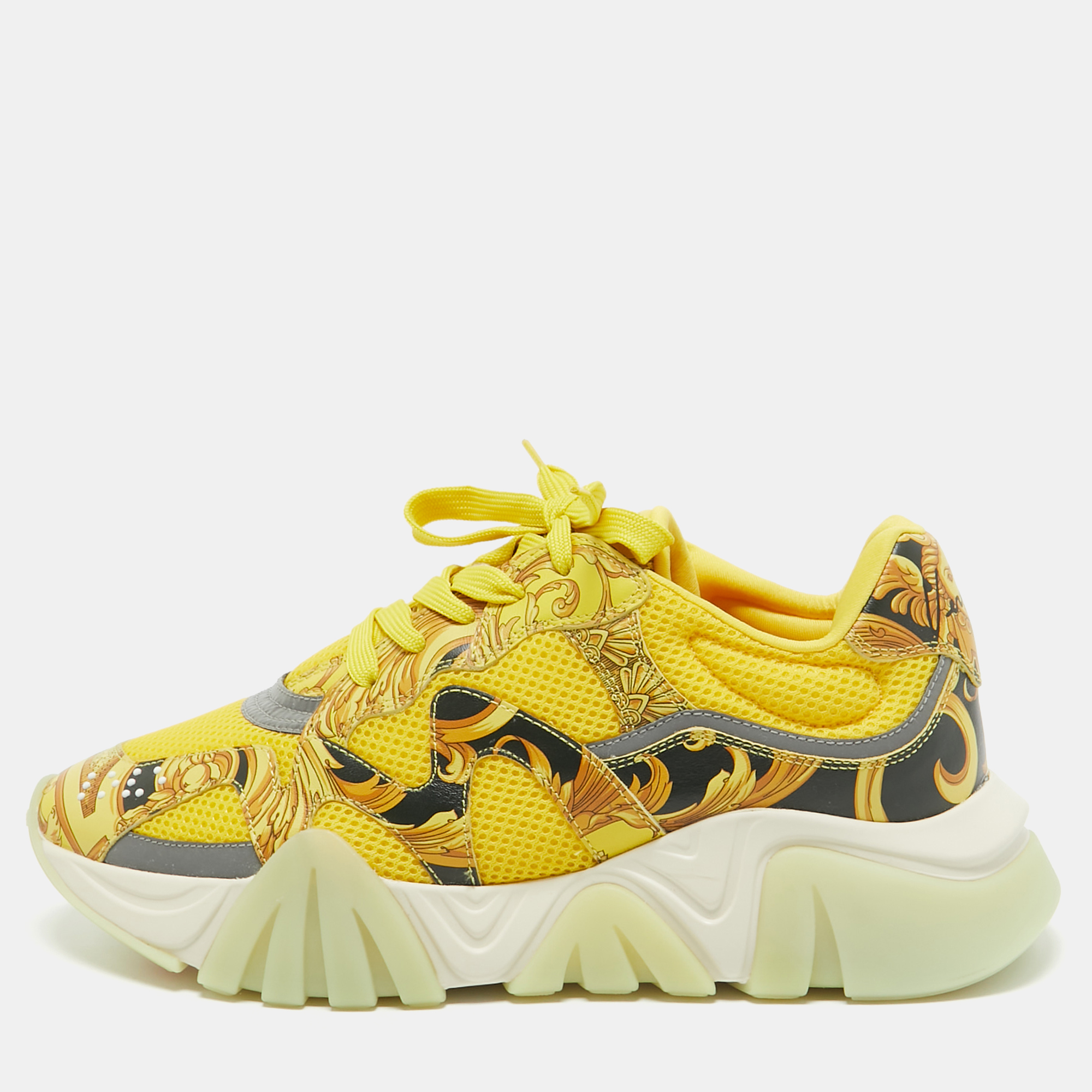 Pre-owned Versace Yellow Leather And Mesh Squalo Lace Up Sneakers 41