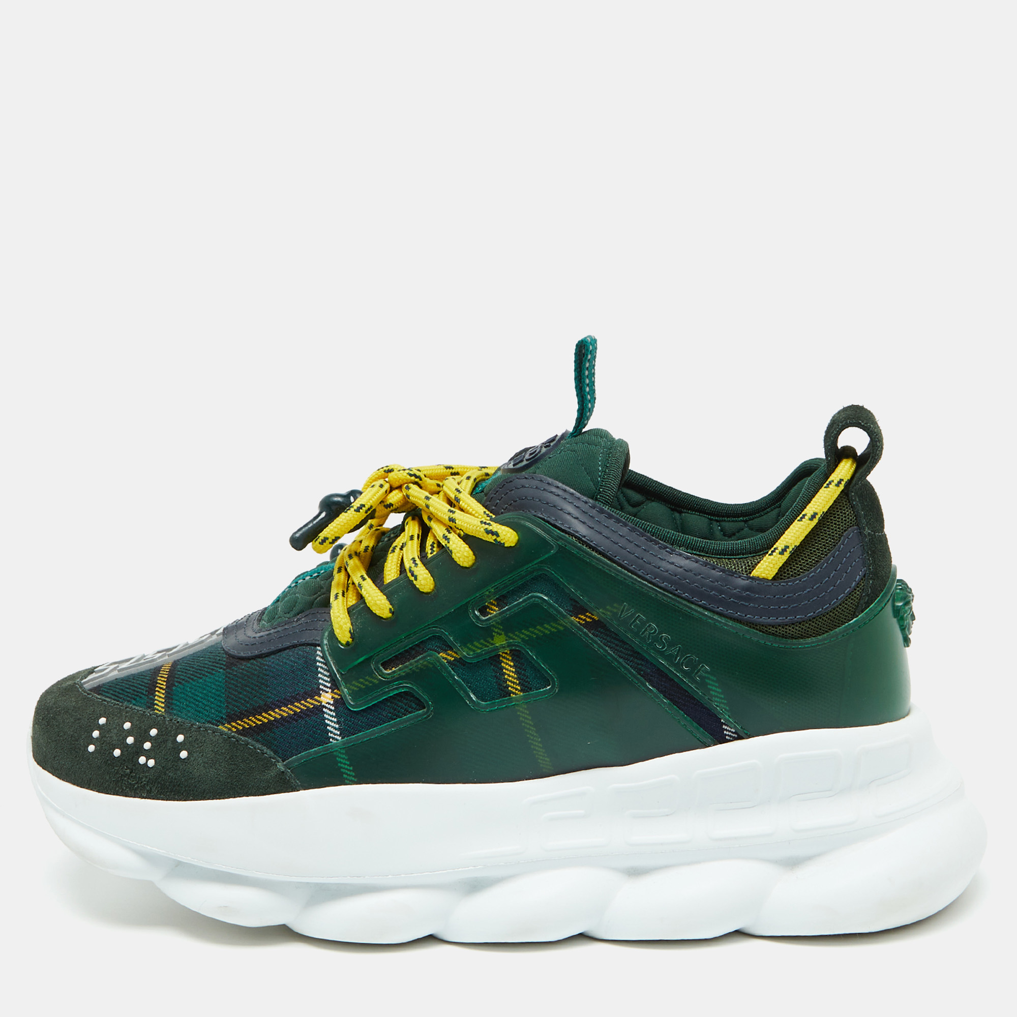 

Versace Green Suede and Check Canvas Chain Reaction Sneakers Size