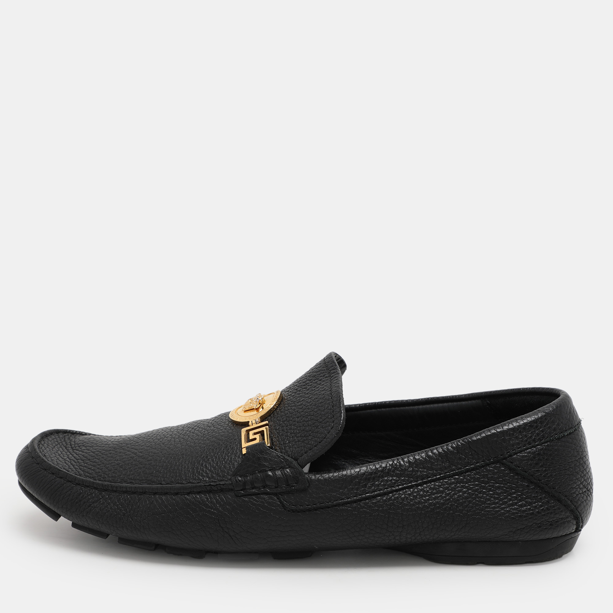 

Versace Black Leather Medusa Detail Slip On Loafers Size 44