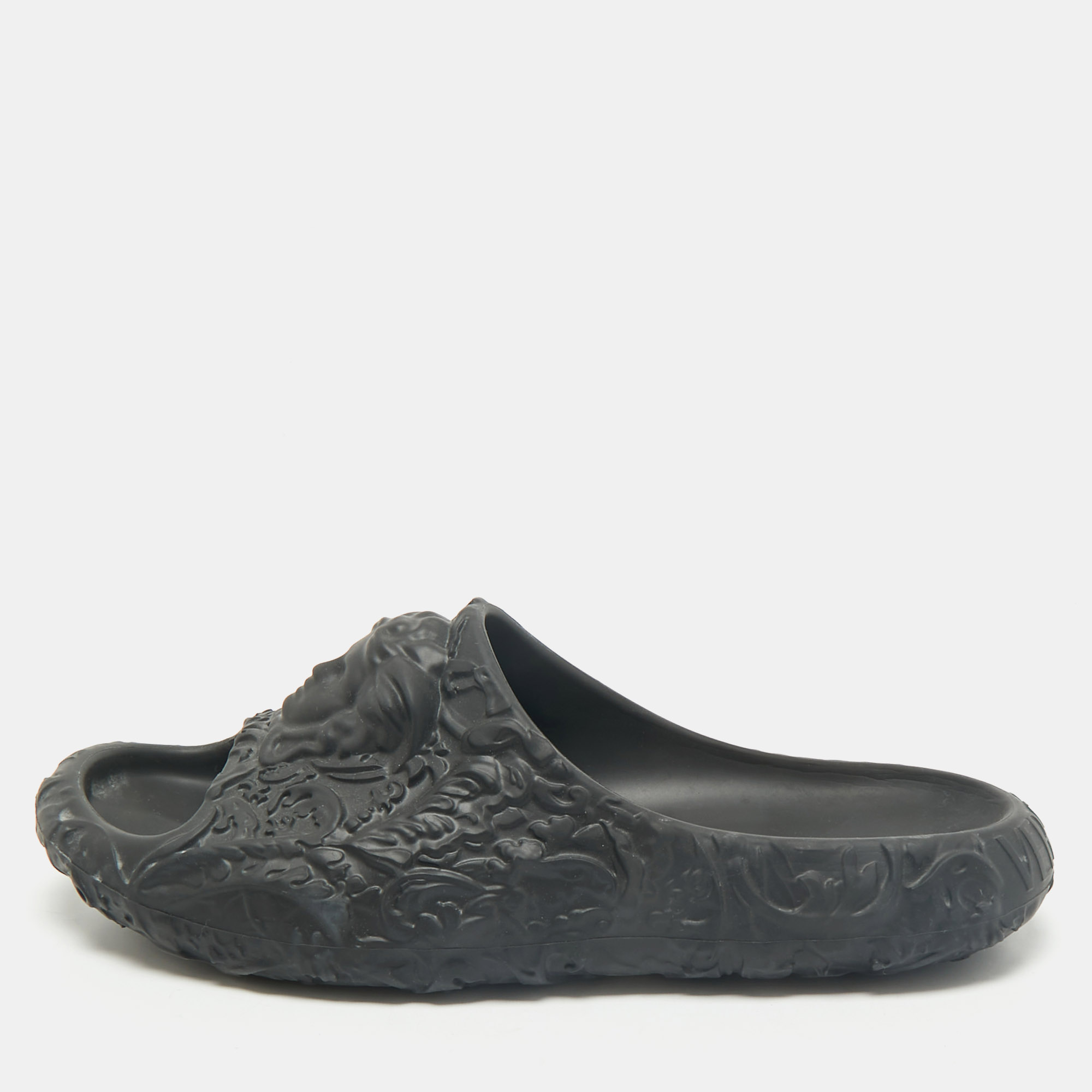 

Versace Black Baroque Embossed Rubber Pool Slide Flats Size