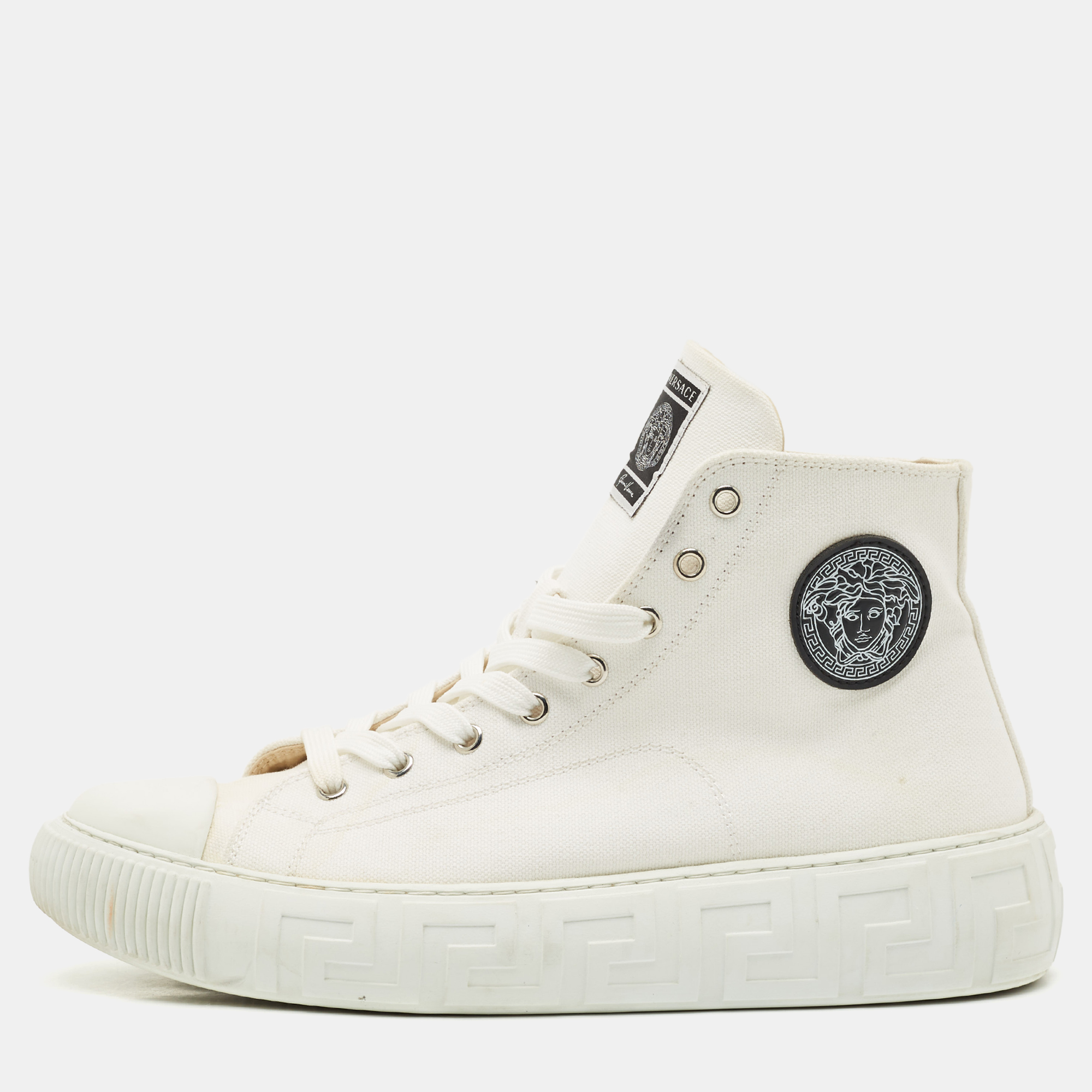 

Versace White Canvas Greca Medusa Logo Patch High Top Sneakers Size