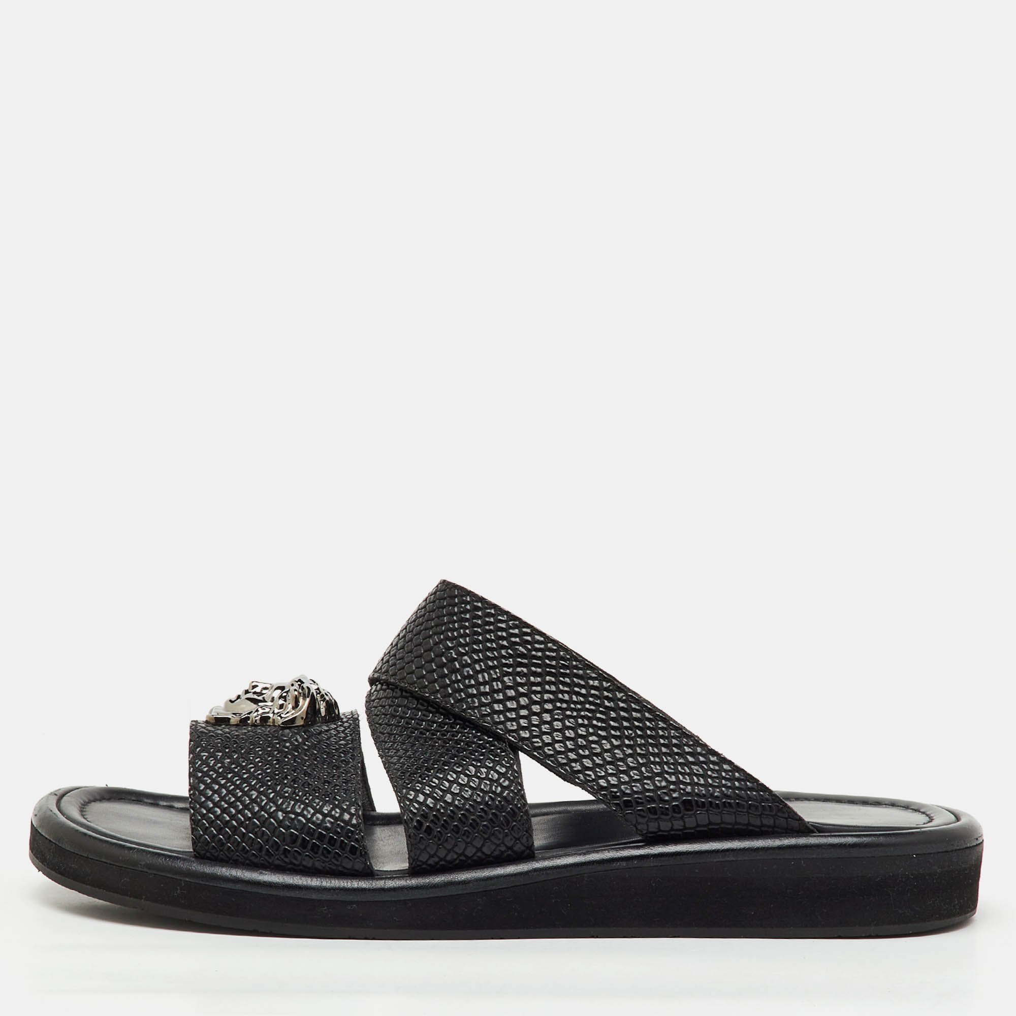 

Versace Black Leather Medusa Detail Flat Slide Sandals Size
