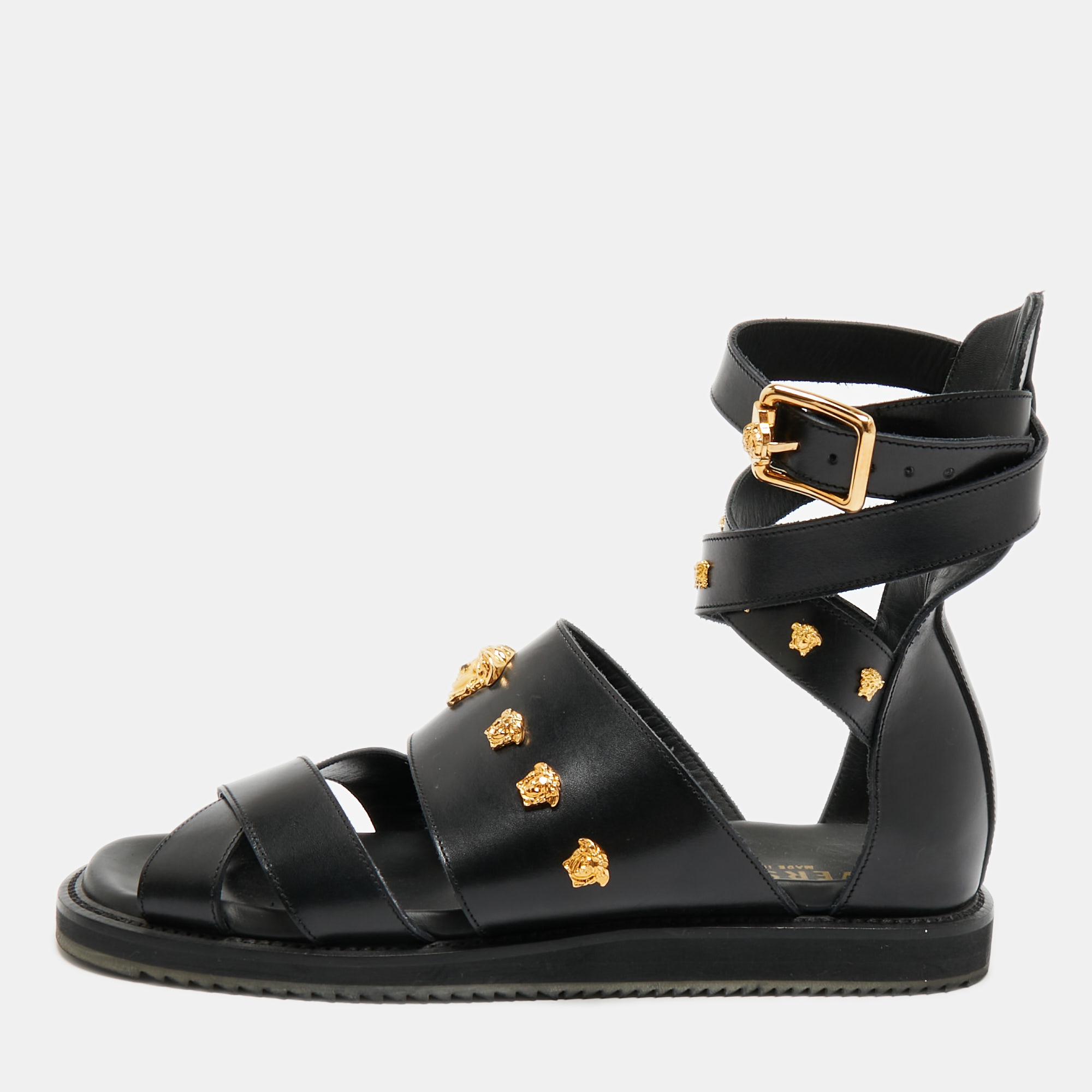 

Versace Medusa Size  Black Leather Flat Sandals