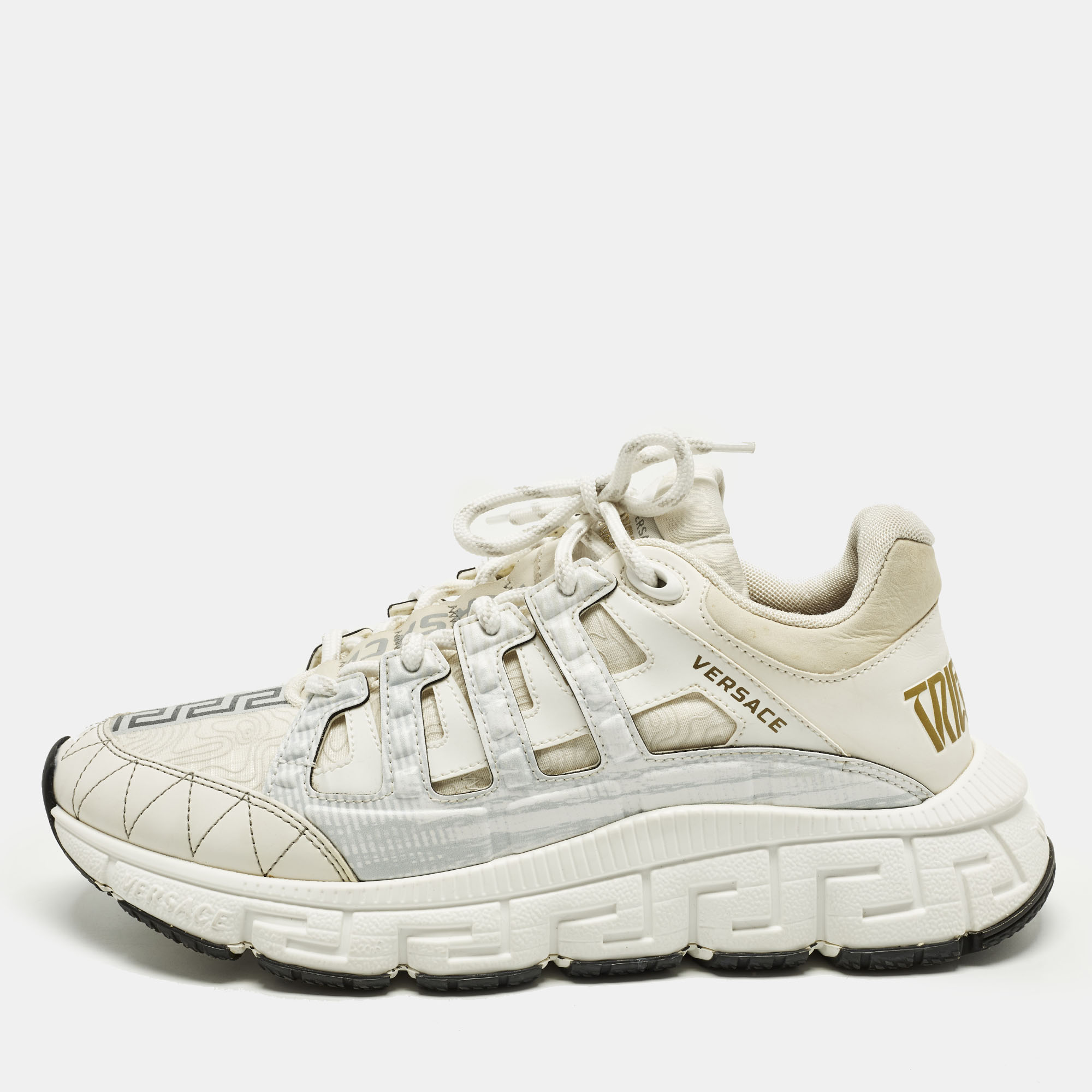 

Versace Trigreca Size  Tricolor Canvas and Leather Lace Up Sneakers, White