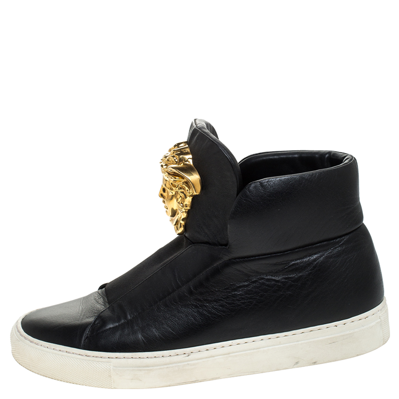 

Versace Black Leather Palazzo Slip On High Top Sneakers Size