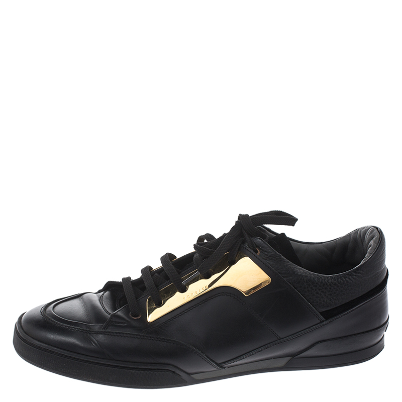 Versace Black Leather Gold Plate Low Top Sneakers Size 42