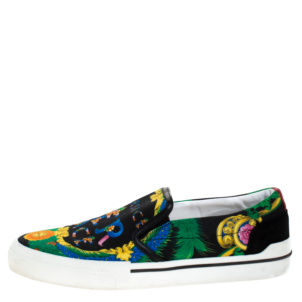 

Versace Multicolor Beverly Palm Print Canvas And Leather Trim Slip On Sneakers Size