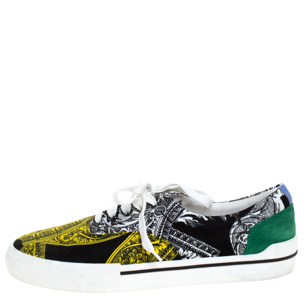 

Versace Multicolor Printed Fabric And Suede Trim Low Top Lace Up Sneakers Size