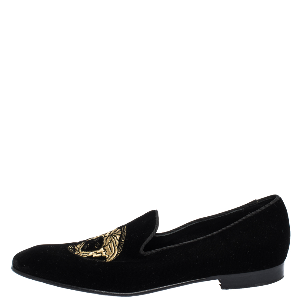 

Versace Black Velvet Medusa Embroidered Slip On Loafers Size