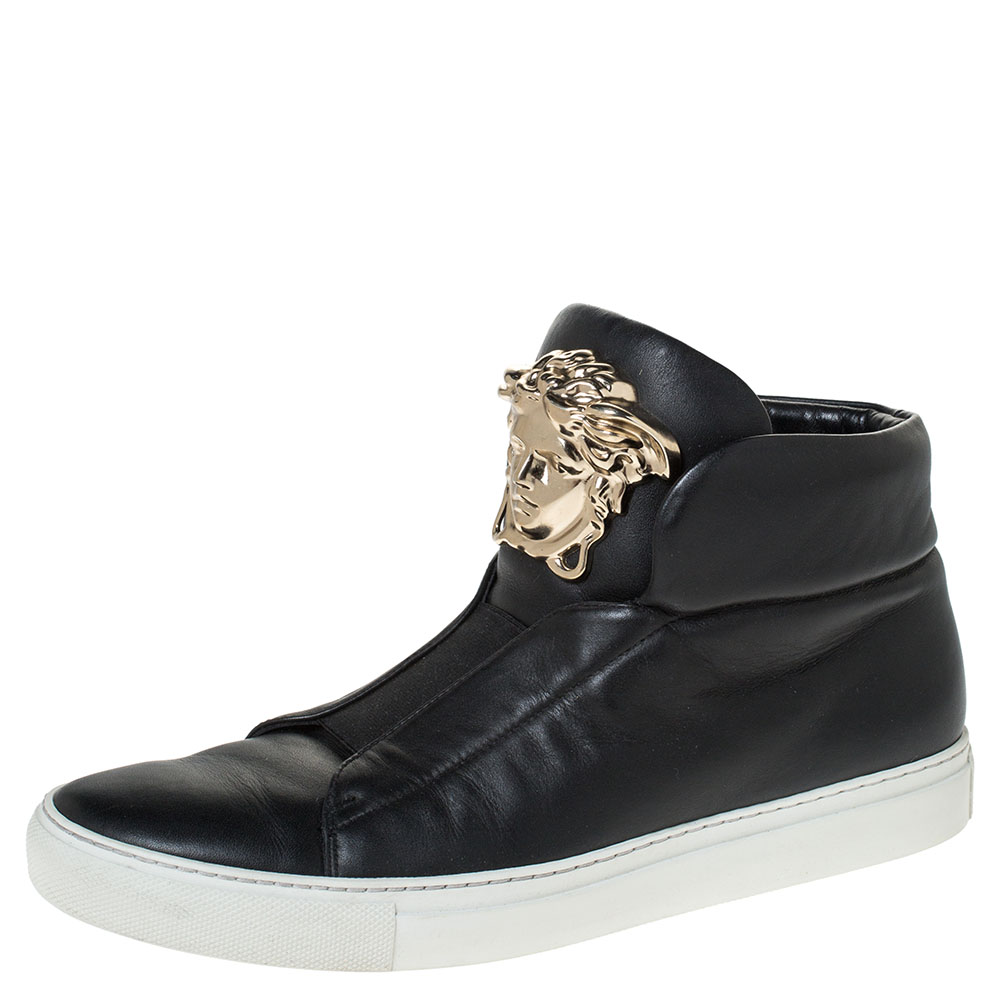 Pre-Owned Versace Black Leather Palazzo Medusa High Top Sneakers Size ...