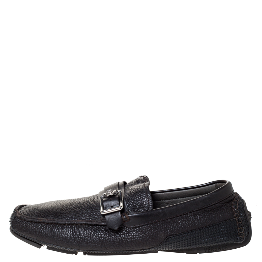 

Versace Black Leather Buckle Detail Slip On Loafers Size