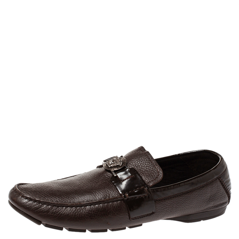 

Versace Dark Brown Leather And Patent Trim Medusa Detail Slip On Loafers Size