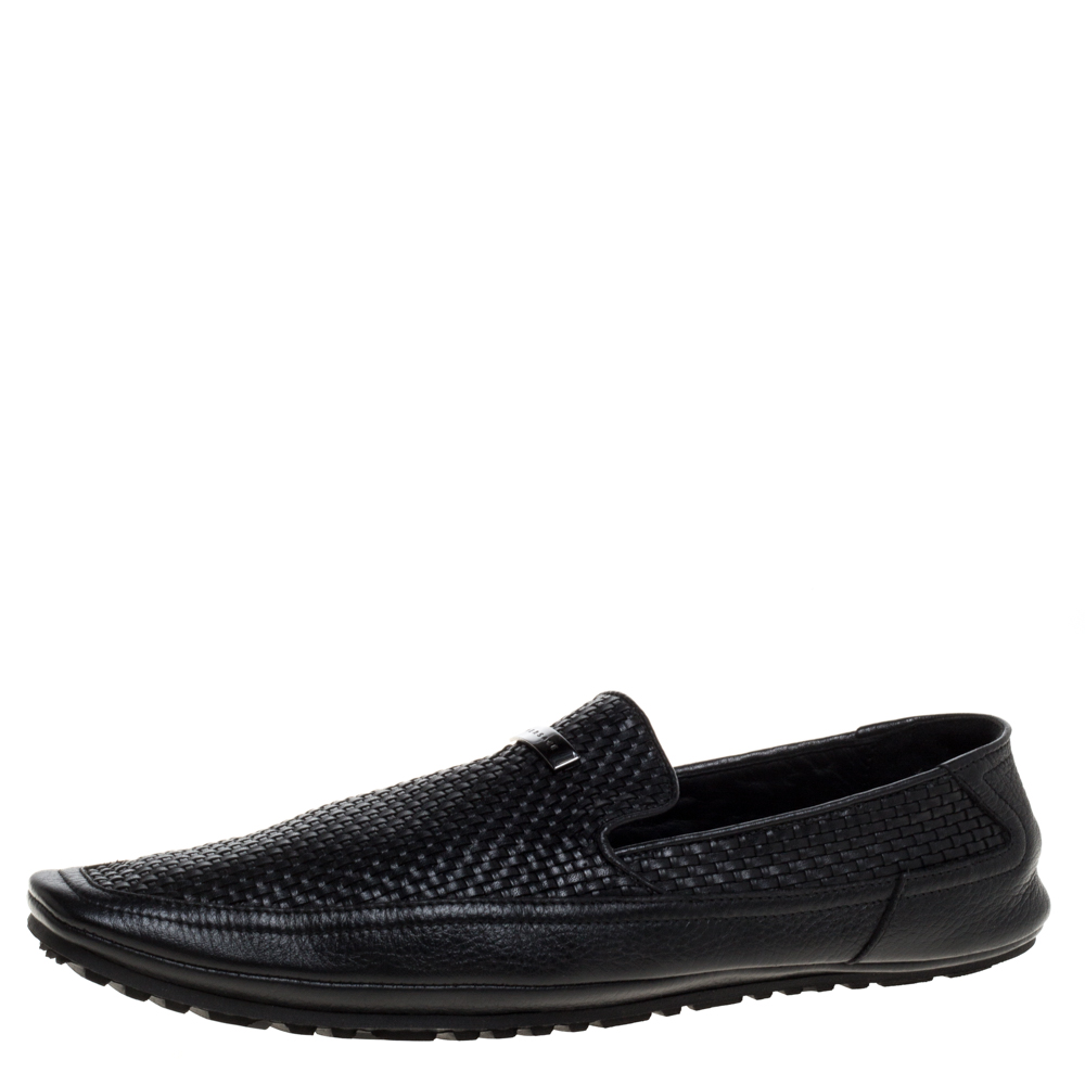 

Versace Black Woven Leather Slip On Loafers Size