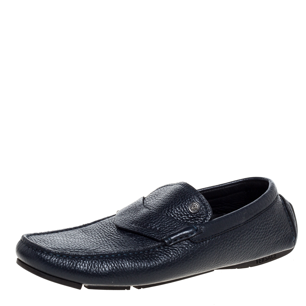 

Versace Navy Blue Leather Slip On Loafers Size