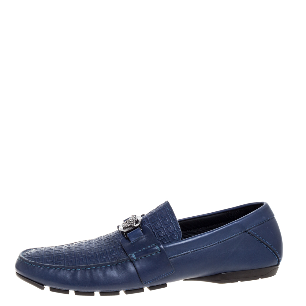 

Versace Blue Logo Embossed Leather Medusa Loafers Size 45