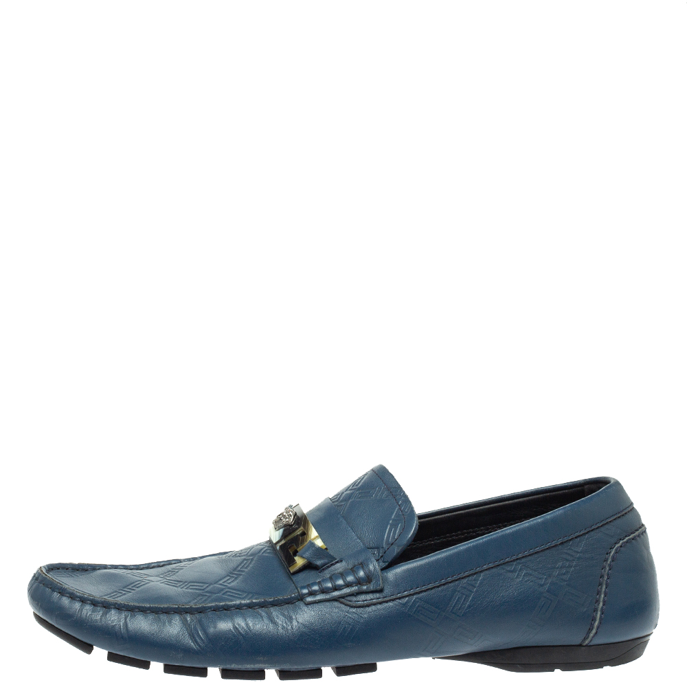 

Versace Blue Leather Meander Pattern Medusa Slip On Loafers Size