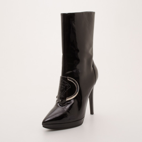 Pre Owned Versace Patent Leather Medusa Stamp Boots Size 38