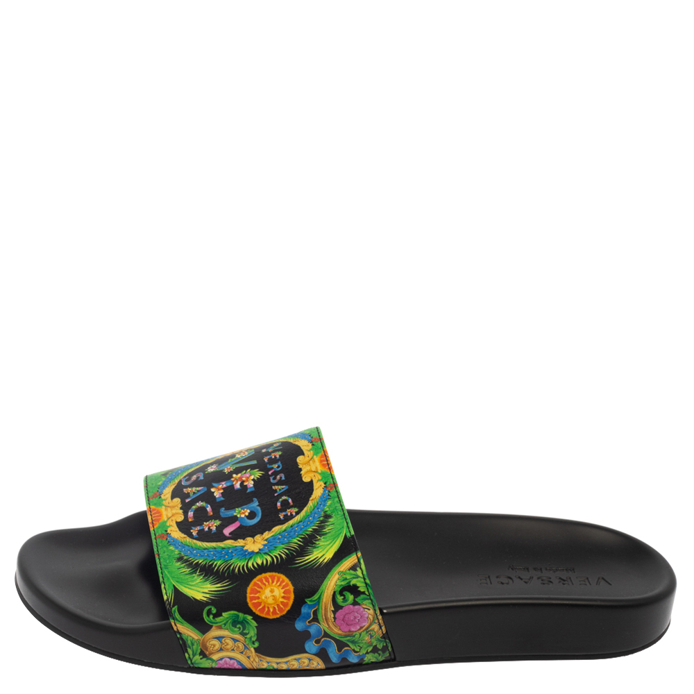 

Versace Green Printed Leather Slide Sandals Size