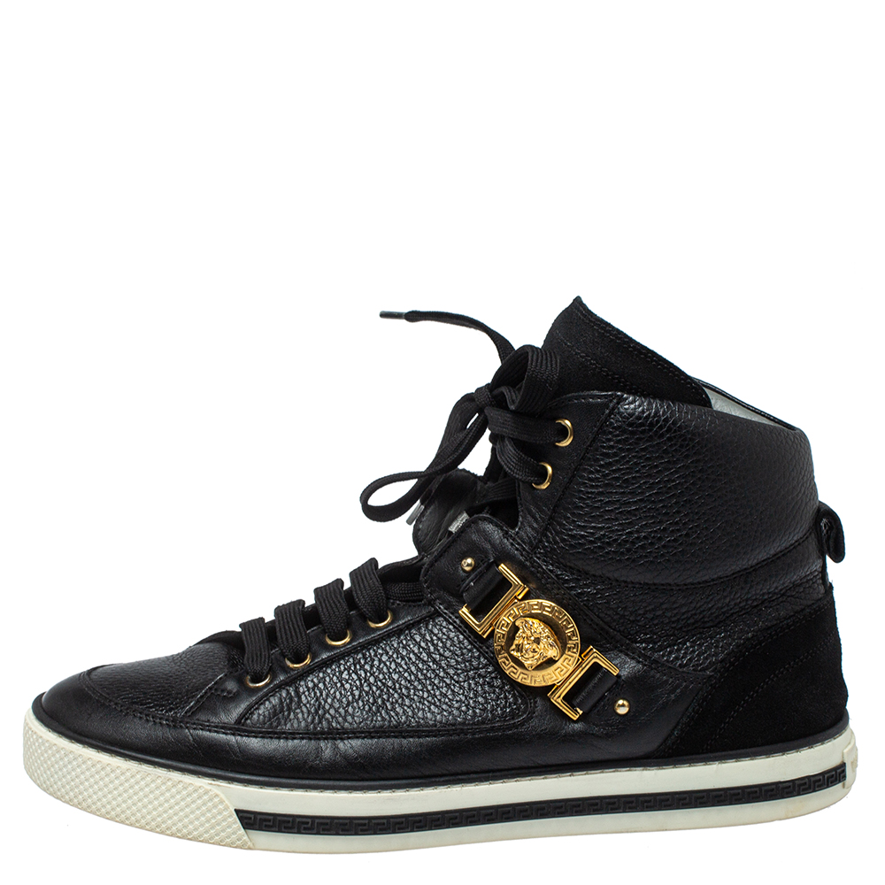 

Versace Black Leather And Suede Medusa Strap High Top Sneakers Size
