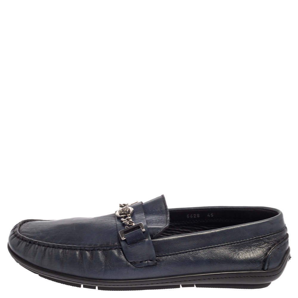

Versace Blue Leather Medusa Icon Chain Detail Loafers Size