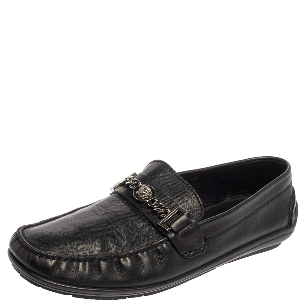 Pre-owned Versace Black Leather Medusa Icon Chain Detail Loafers Size 45