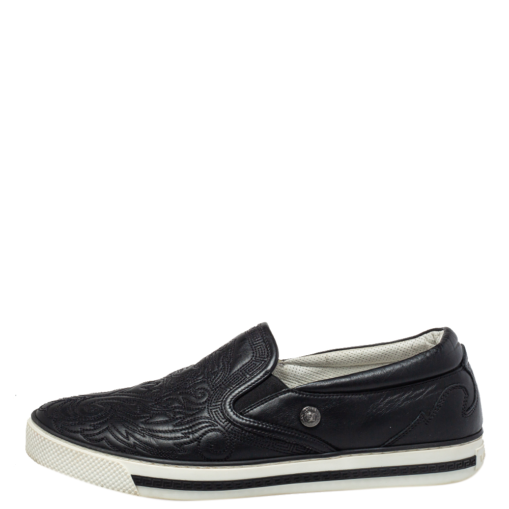 

Versace Black Baroque Embroidered Leather Slip On Sneakers Size