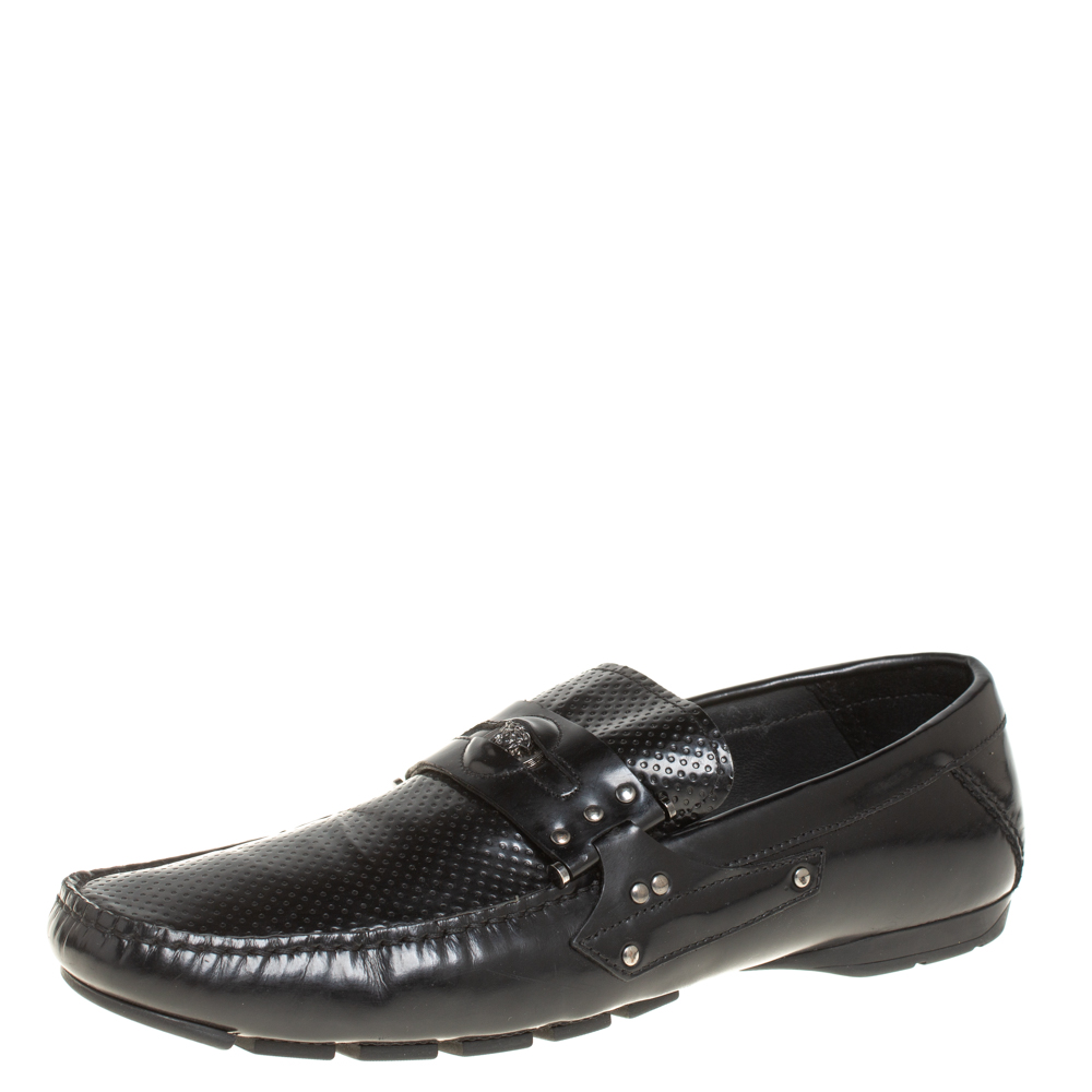 Pre-owned Versace Black Leather Medusa Detail Slip On Loafers Size 43