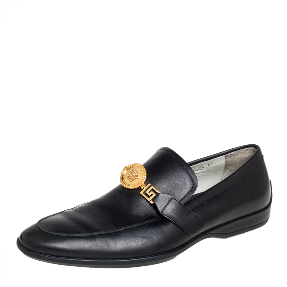 Pre-owned Versace Black Leather Medusa Slip On Loafers Size 43