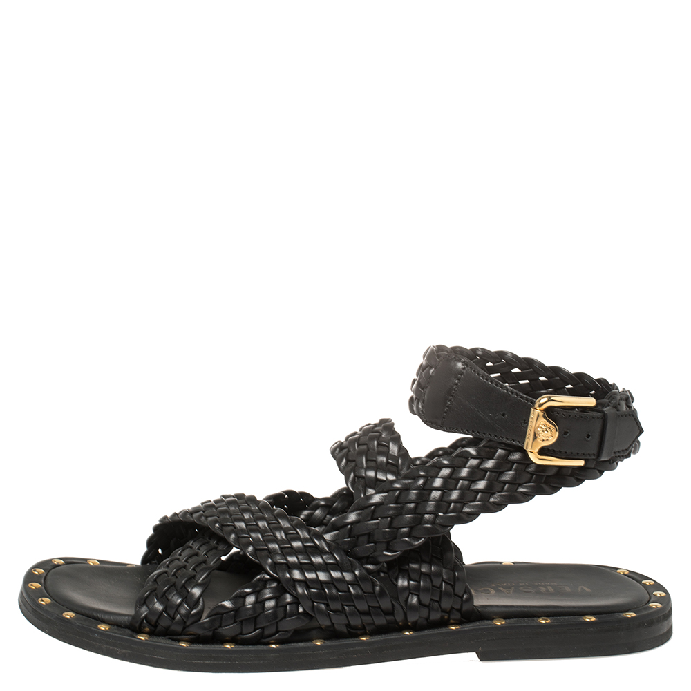 

Versace SS21 Black Leather Braided Sandals Size