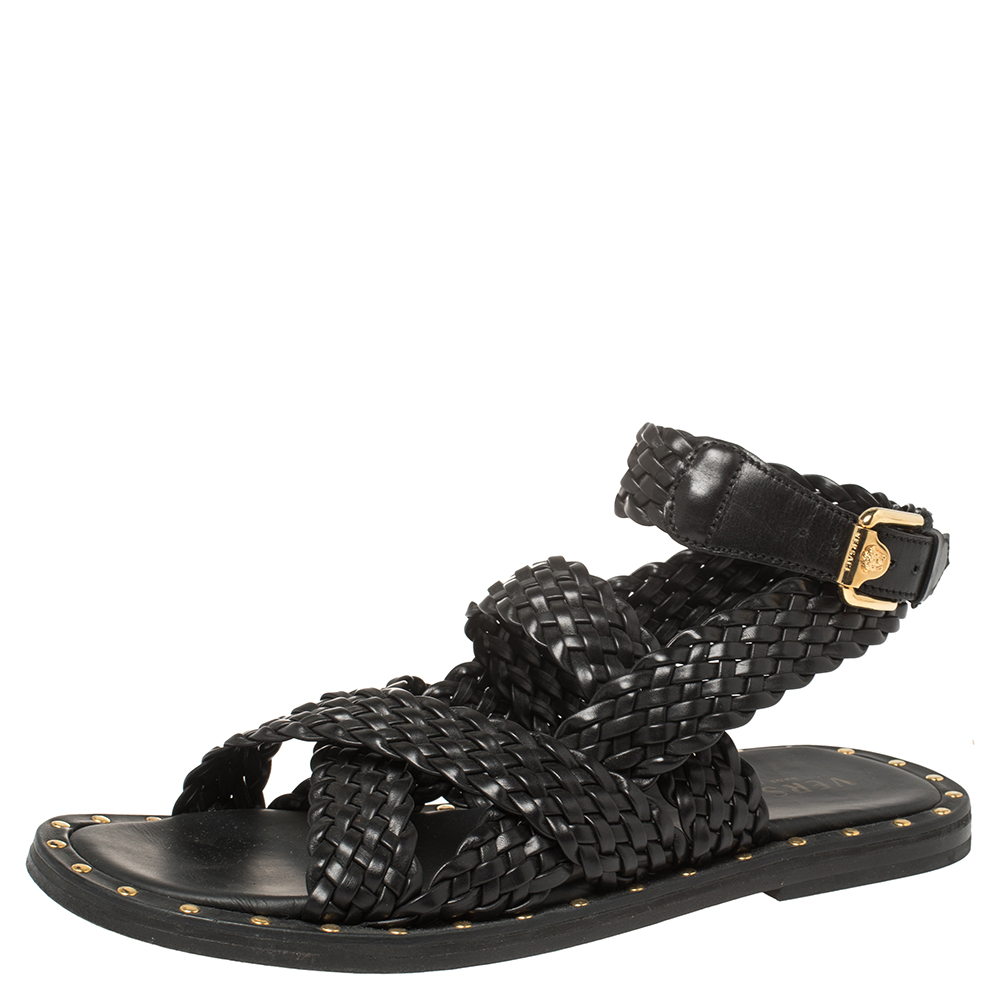 Pre-owned Versace Ss21 Black Leather Braided Sandals Size 42