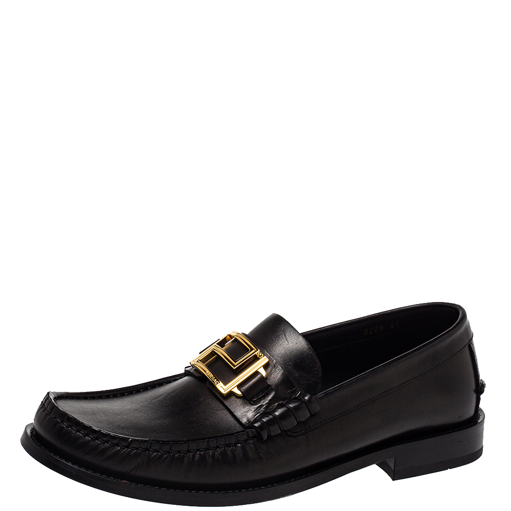 Pre-owned Versace Black Leather Metal Logo Slip On Loafers Size 41