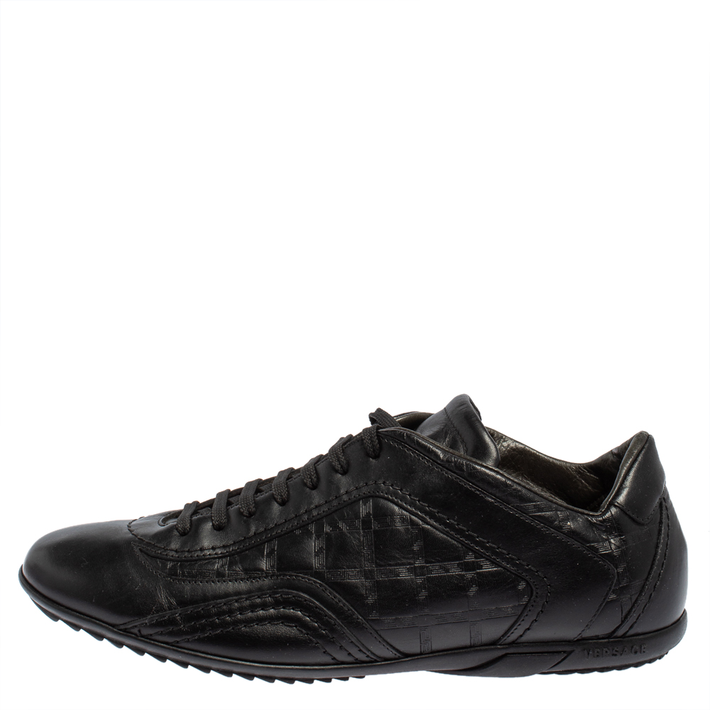 

Versace Black Leather Logo Embossed Low Top Sneakers Size