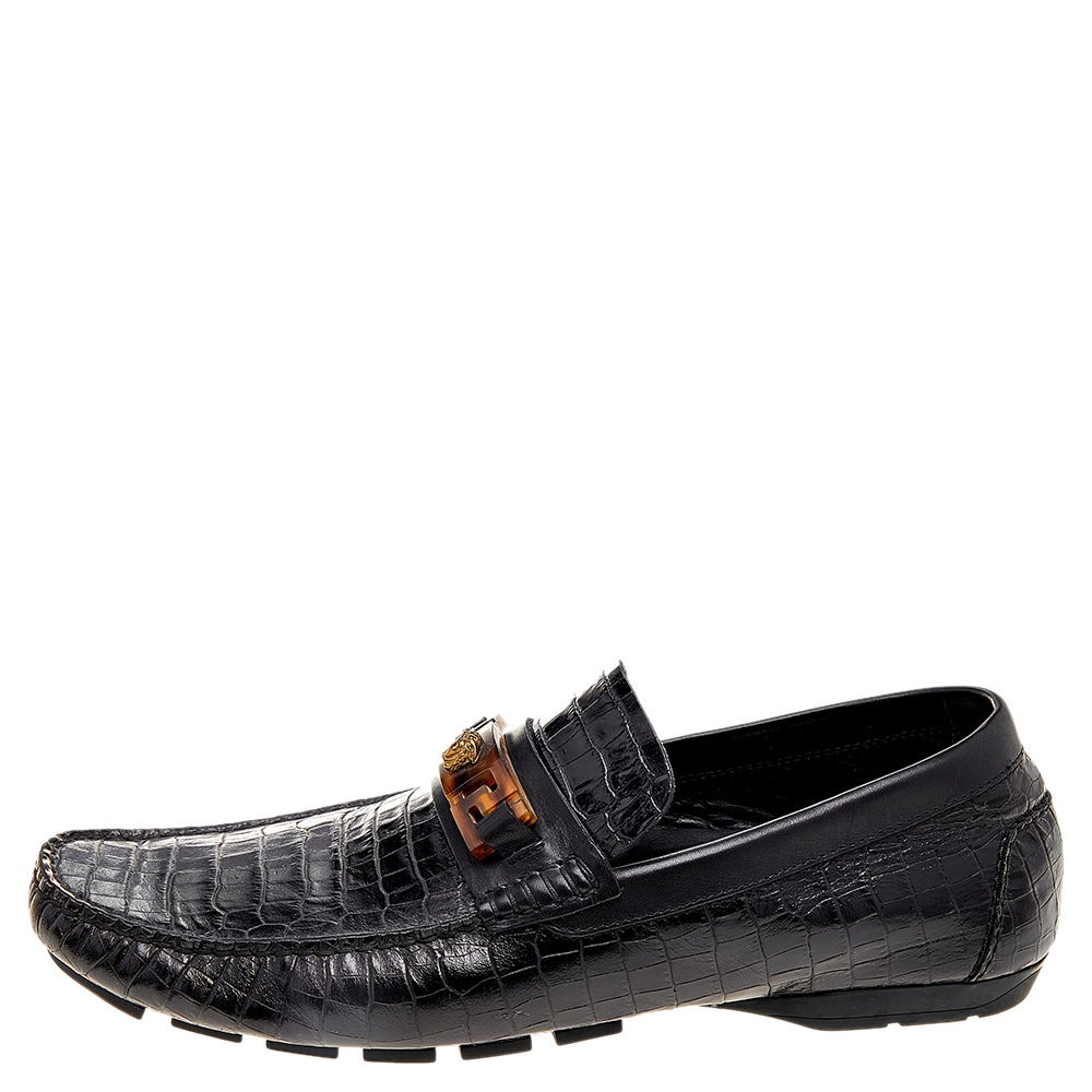 

Versace Black Croc Embossed Leather Medusa Loafers Size