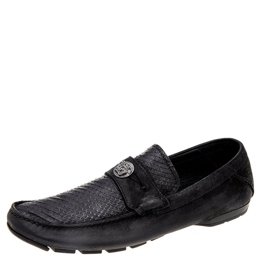 

Versace Black Nubuck Leather and Python Medusa Loafers Size 41