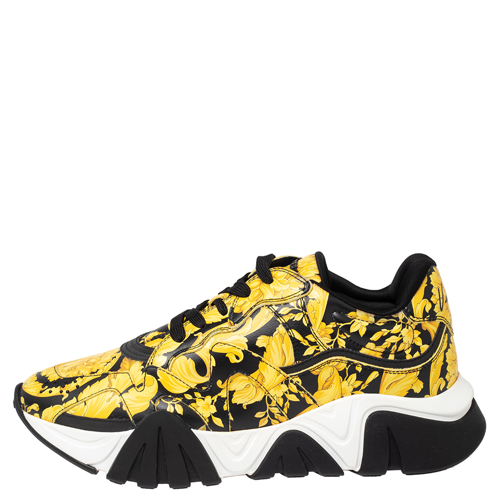 

Versace Black/Yellow Barocco Print Leather Squalo Low Top Sneakers Size